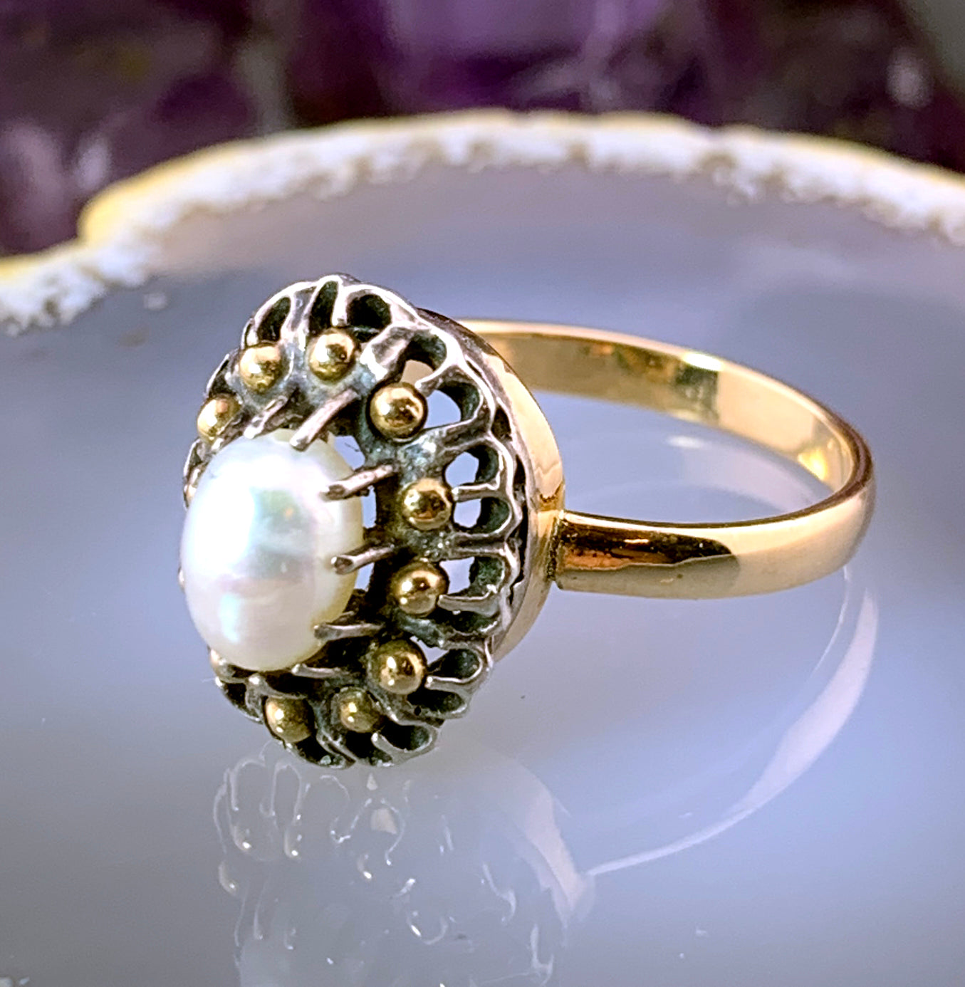 Antique 14K, Silver & Baroque Pearl Ring