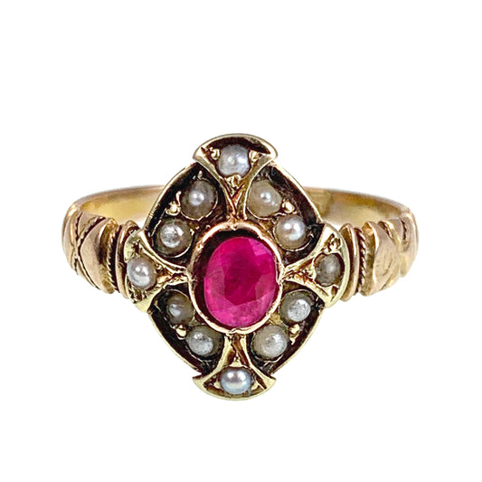 SOLD--Antique 15K, Ruby & Seed Pearl Ring