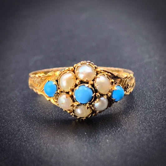Antique 12K, Persian Turquoise & Seed Pearl Forget-Me-Not Ring