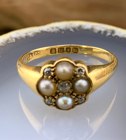 Antique 18K, Diamond & Pearl Ring