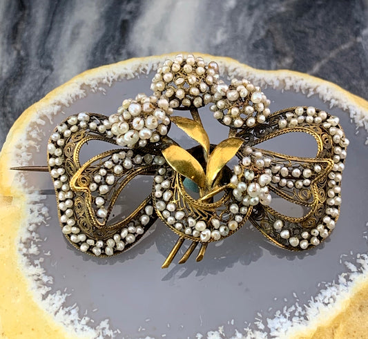 Antique 10K & Seed Pearl Floral Bow Brooch