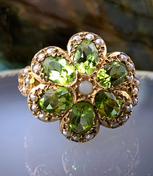 Vintage 9K, Peridot, Selenite & Seed Pearl Cocktail Ring