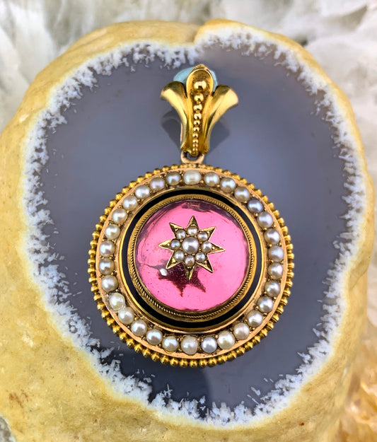 SOLD Antique 12K, Pearl & Foiled Quartz Locket Back Pendant