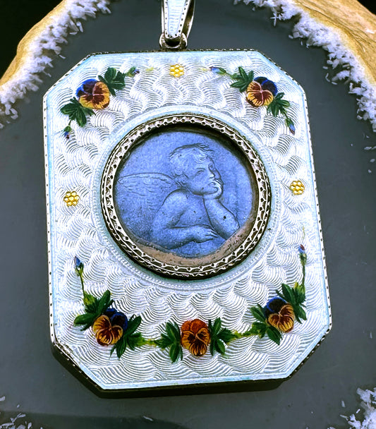 Sold  Antique Silver & Gold, White & Blue Guilloche Enamel Portrait / Angel Pendant