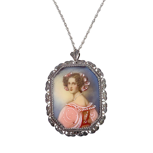 Vintage Silver & Hand Painted Portrait Pendant Necklace