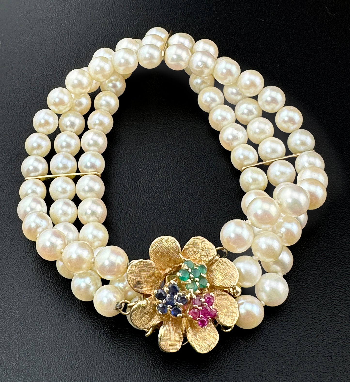 Vintage 14K, Pearl, Ruby, Emerald & Sapphire Bracelet