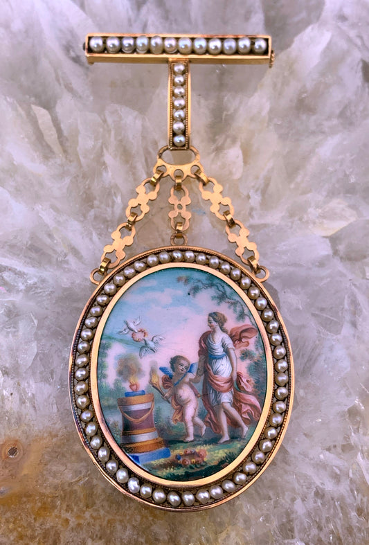 SOLD Antique 18K, Seed Pearl & Hand Painted Enamel Locket Back Brooch