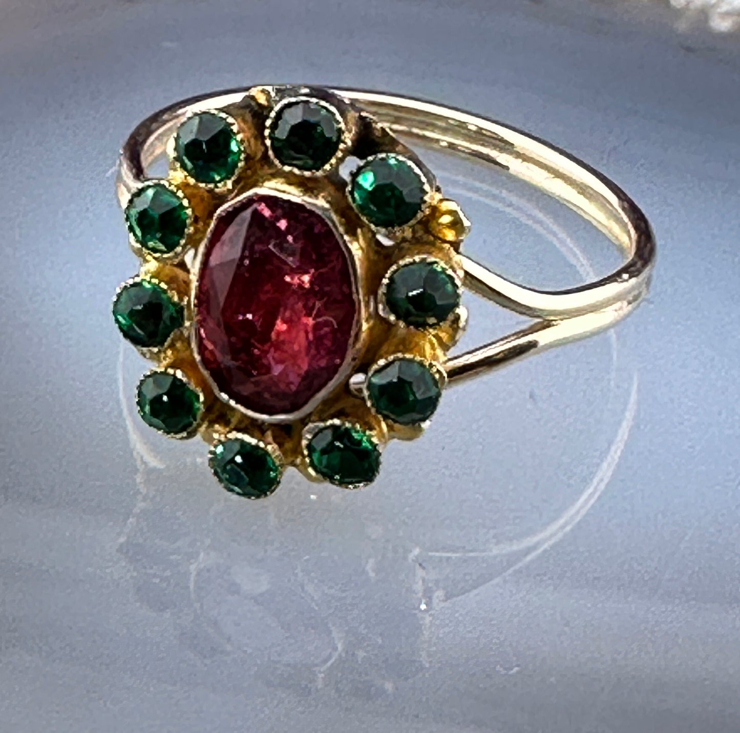 Antique French 14K, Pink Tourmaline & Paste Emerald Conversion Ring