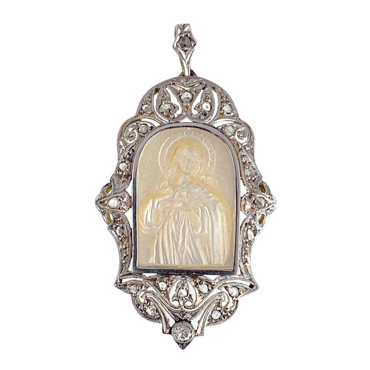SOLD Art Deco 18K, Platinum, Diamond & Mother Of Pearl Saint Mary Pendant