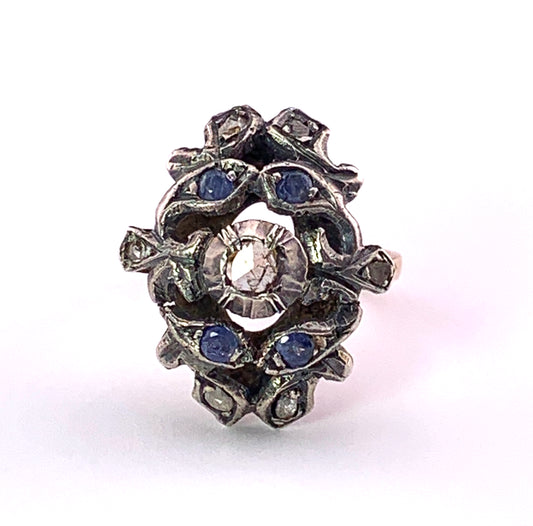 SOLD Antique French 18K, Silver, Diamond & Sapphire Giardinetti Ring