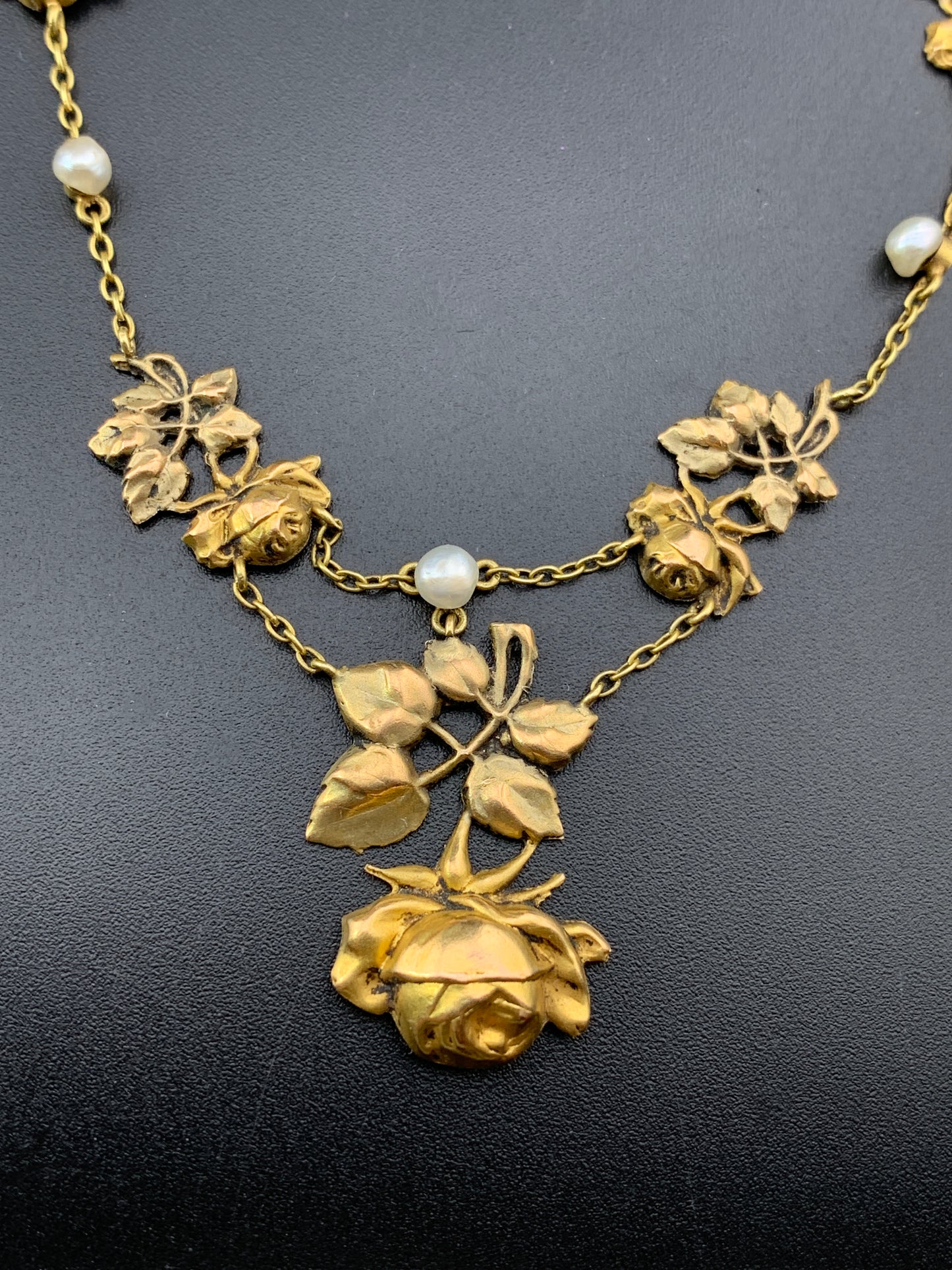 Antique French Belle Epoque 18K & Seed Pearl Rose Necklace