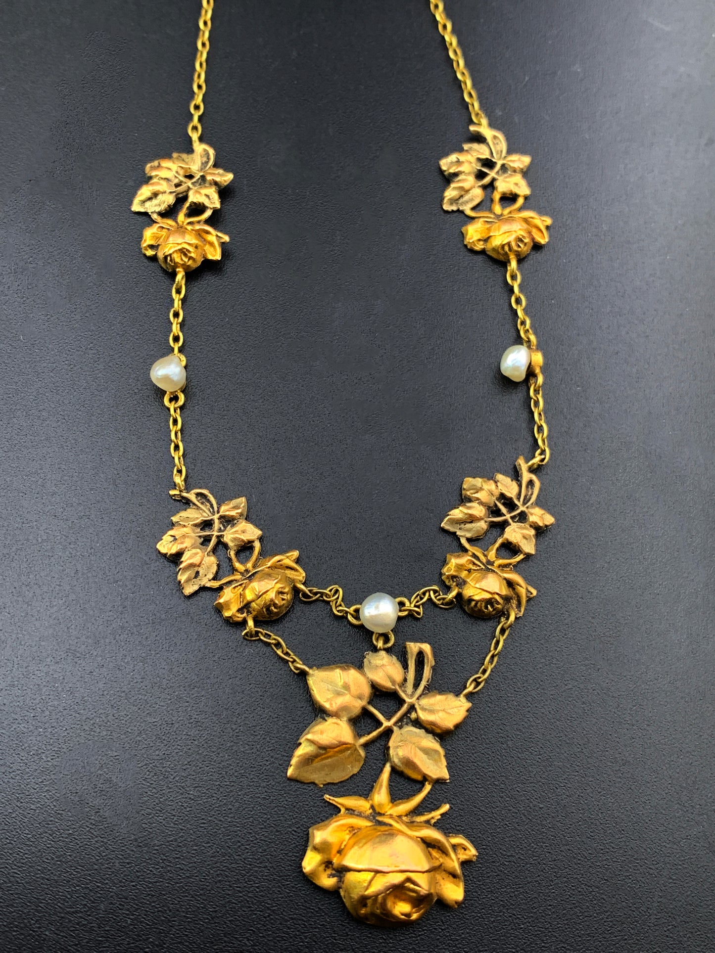 Antique French Belle Epoque 18K & Seed Pearl Rose Necklace