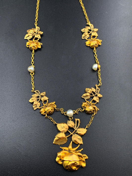 Antique French Belle Epoque 18K & Seed Pearl Rose Necklace