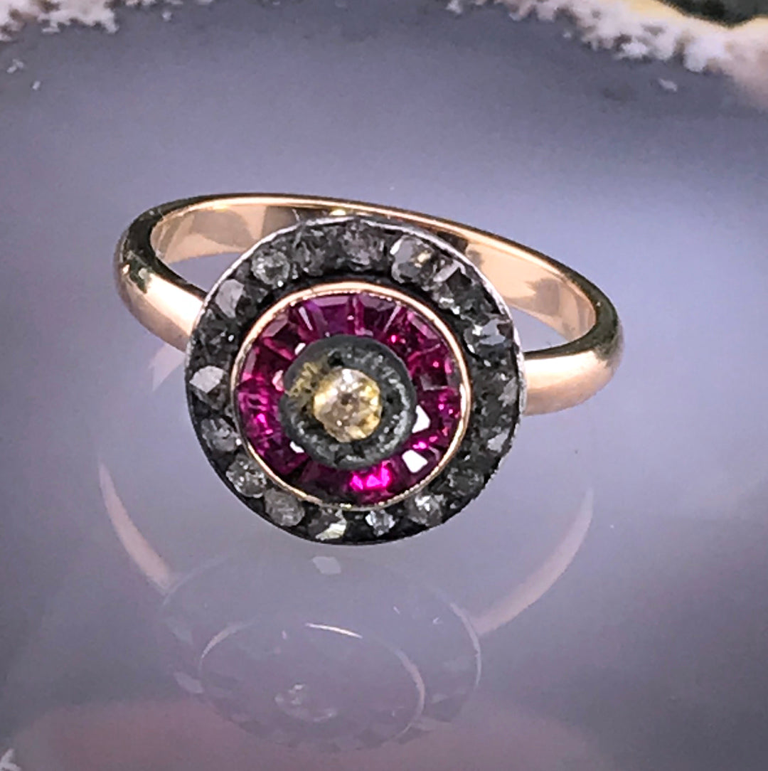 Antique Art Deco 14K, Silver, Diamond & Ruby Target Conversion Ring