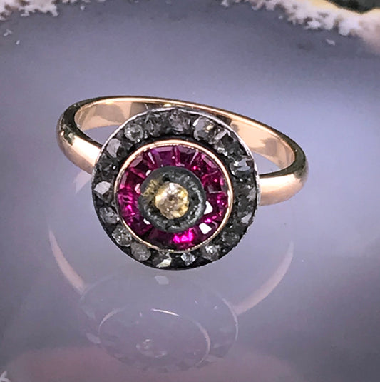 Antique Art Deco 14K, Silver, Diamond & Ruby Target Conversion Ring