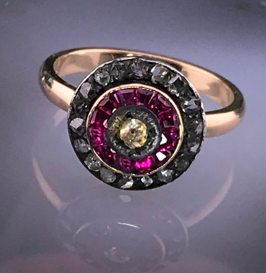 Antique Art Deco 14K, Silver, Diamond & Ruby Target Conversion Ring
