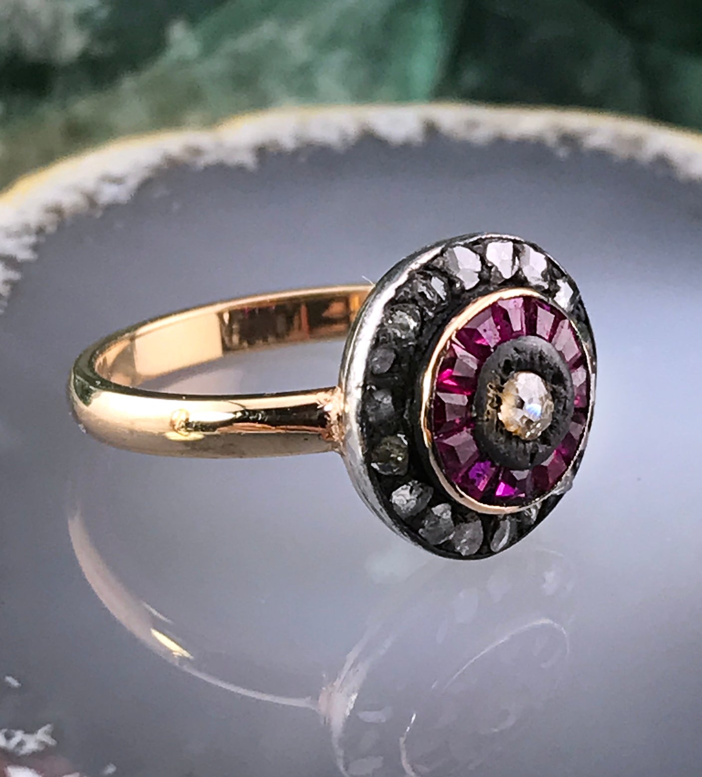 Antique Art Deco 14K, Silver, Diamond & Ruby Target Conversion Ring