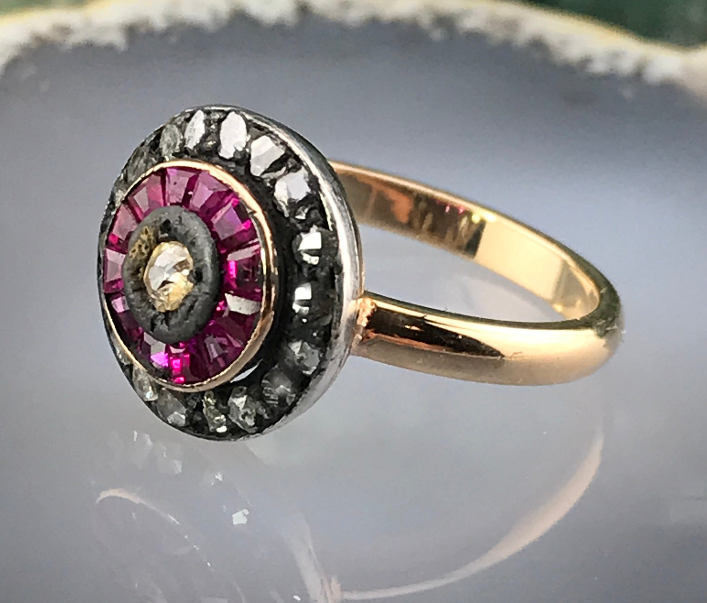 Antique Art Deco 14K, Silver, Diamond & Ruby Target Conversion Ring