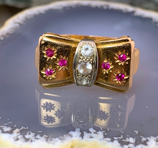 Vintage Retro 18K, Diamond & Ruby Bow Ring