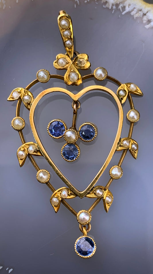 SOLD Antique Late Victorian 9K, Sapphire & Seed Pearl Heart Pendant
