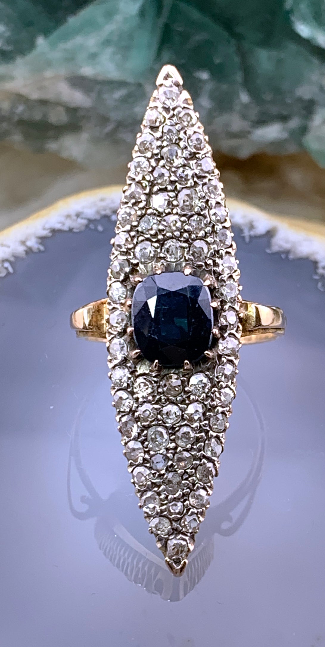 SOLD Antique French 18K, Diamond & Sapphire Navette Ring
