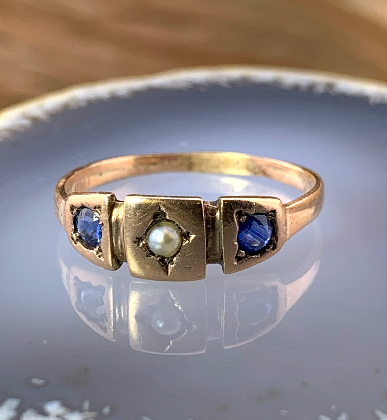 Antique 15K, Sapphire & Seed Pearl Ring