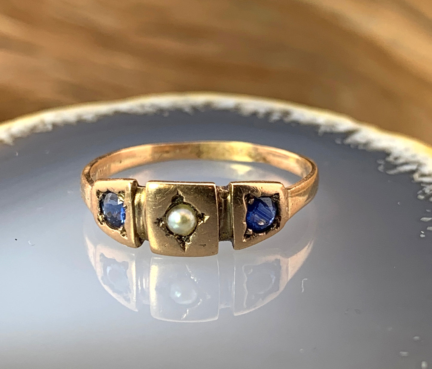 Antique 15K, Sapphire & Seed Pearl Ring