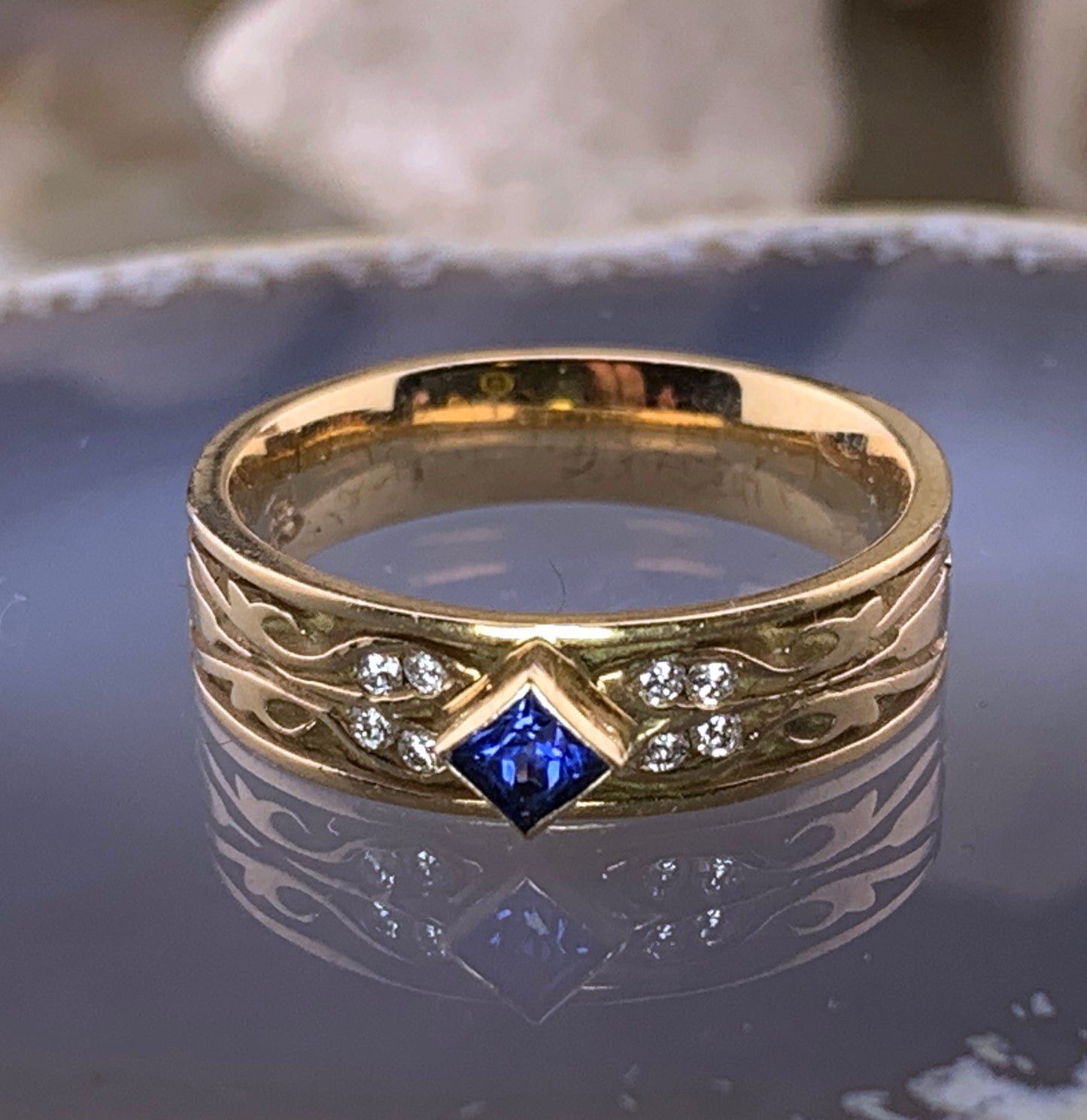 Estate 14K, Sapphire & Diamond Band Ring
