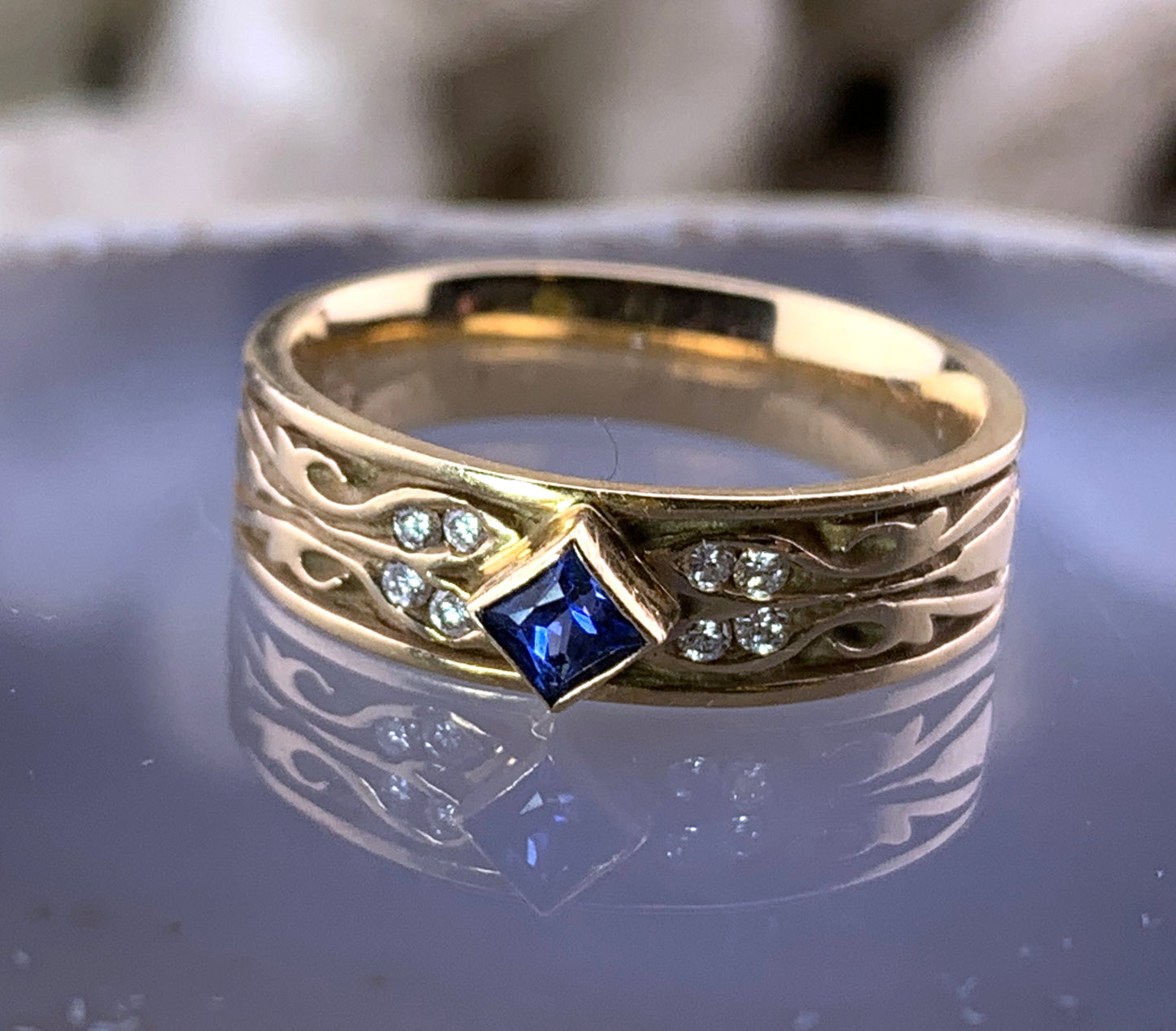 Estate 14K, Sapphire & Diamond Band Ring