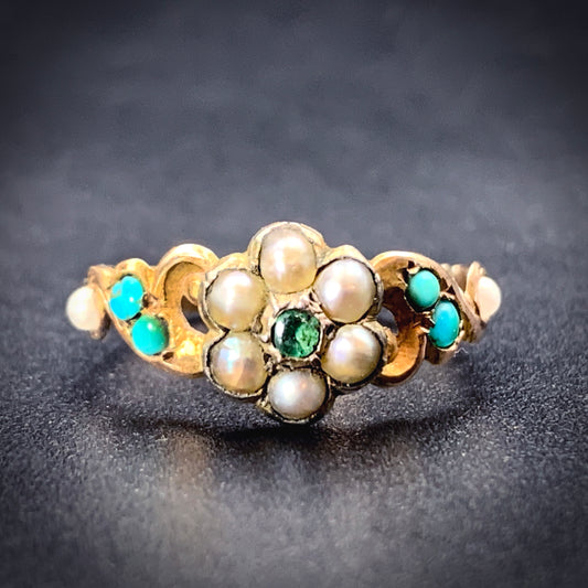 Antique 9K, Emerald, Turquoise & Seed Pearl Forget Me Not Ring