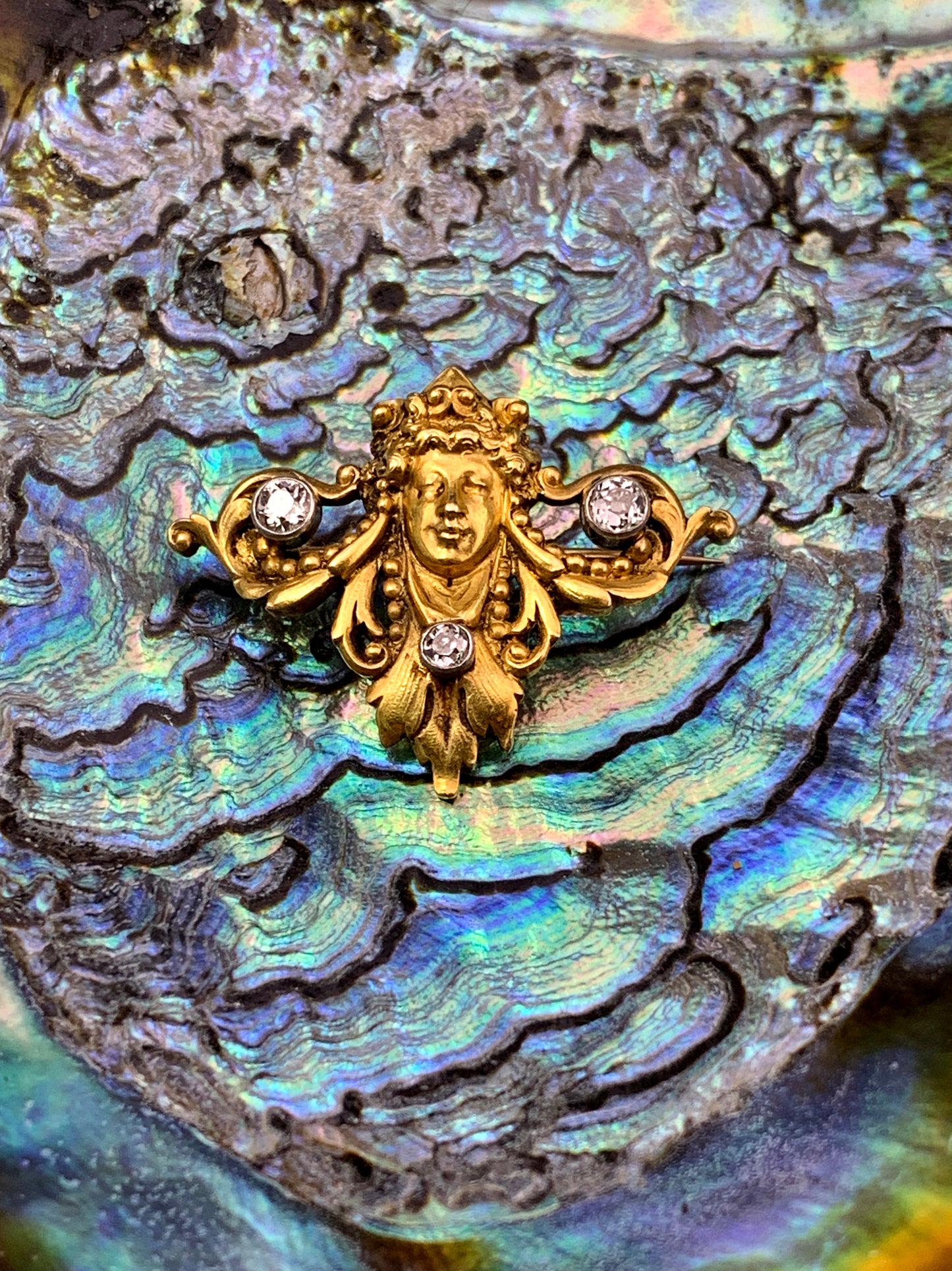 Antique French Art Nouveau 18K & Diamond Brooch