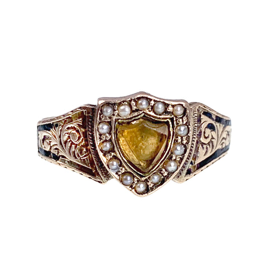 Antique English 9k, Citrine, Seed Pearl & Enamel Shield Ring