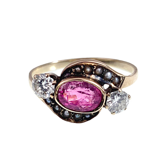 Antique 14K, Pink Tourmaline, Diamond & Seed Pearl Ring