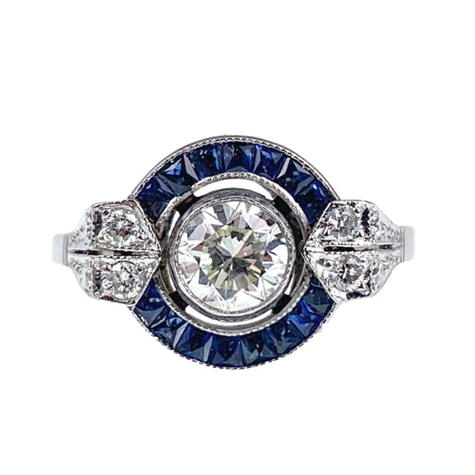 SOLD Antique Art Deco Platinum, Diamond & Sapphire Target Ring