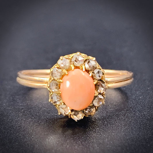 Antique Victorian 14K, Diamond & Coral Ring