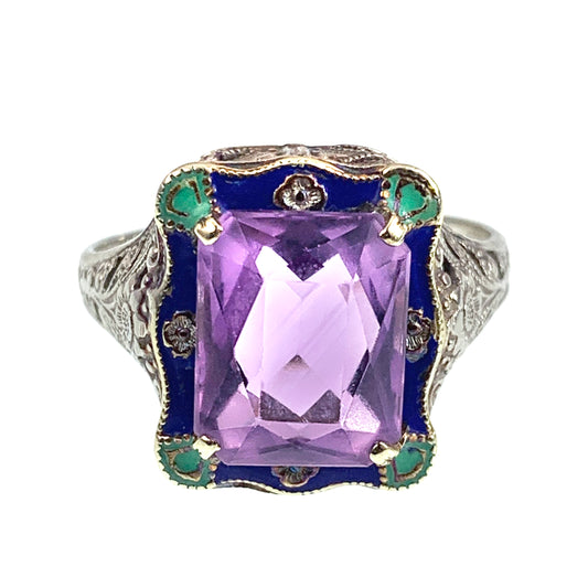 Antique Art Deco 14K, Rose De France Amethyst & Enamel Ring