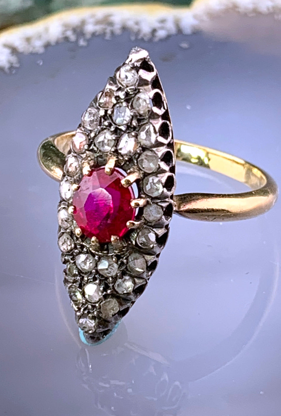 SOLD Antique French 18K, Silver, Diamond & Red Spinel Navette Ring