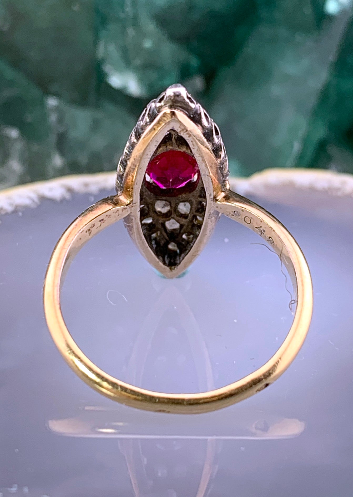 SOLD Antique French 18K, Silver, Diamond & Red Spinel Navette Ring