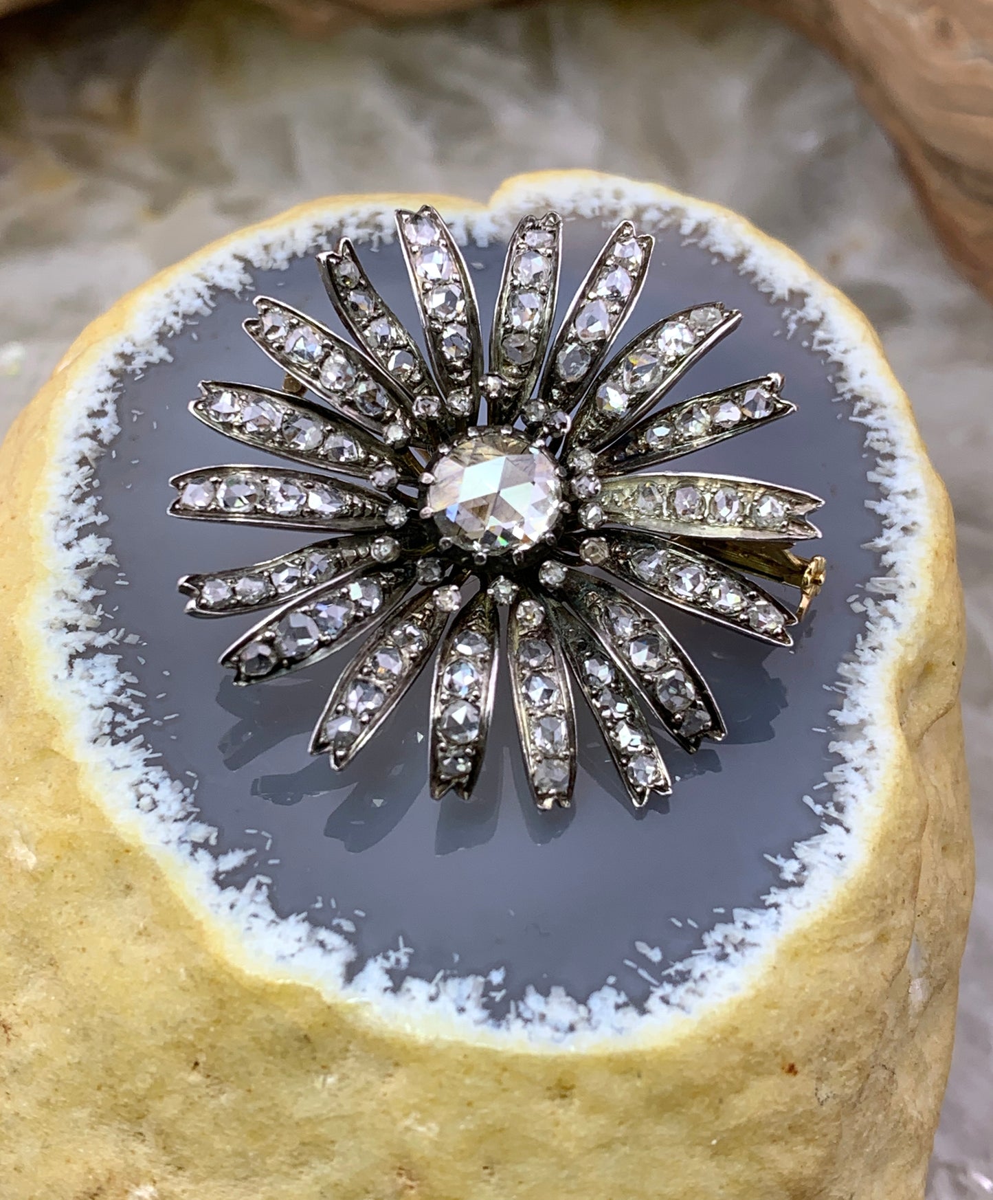 SOLD Antique French 18K, Silver & Diamond Daisy Brooch
