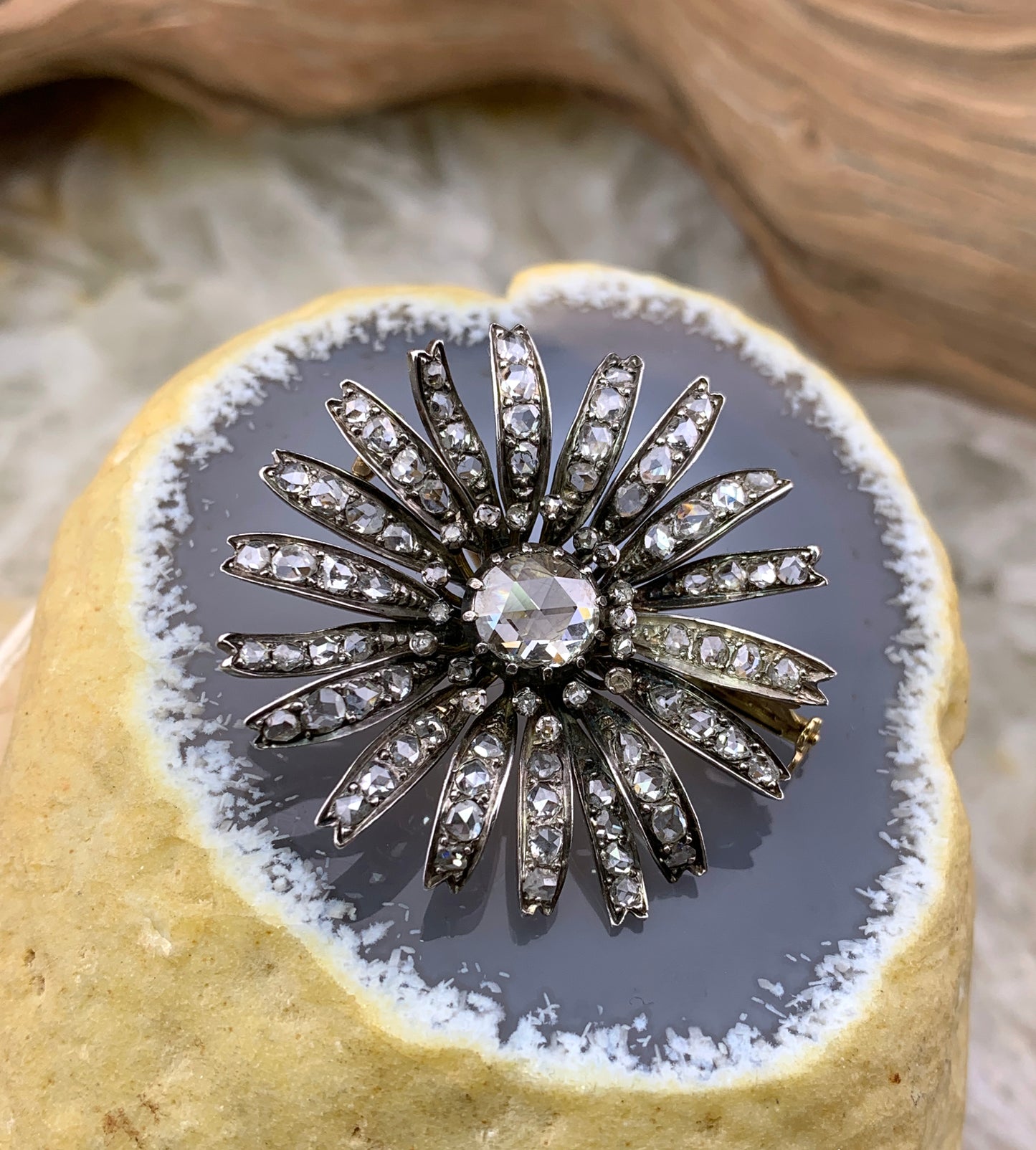 SOLD Antique French 18K, Silver & Diamond Daisy Brooch