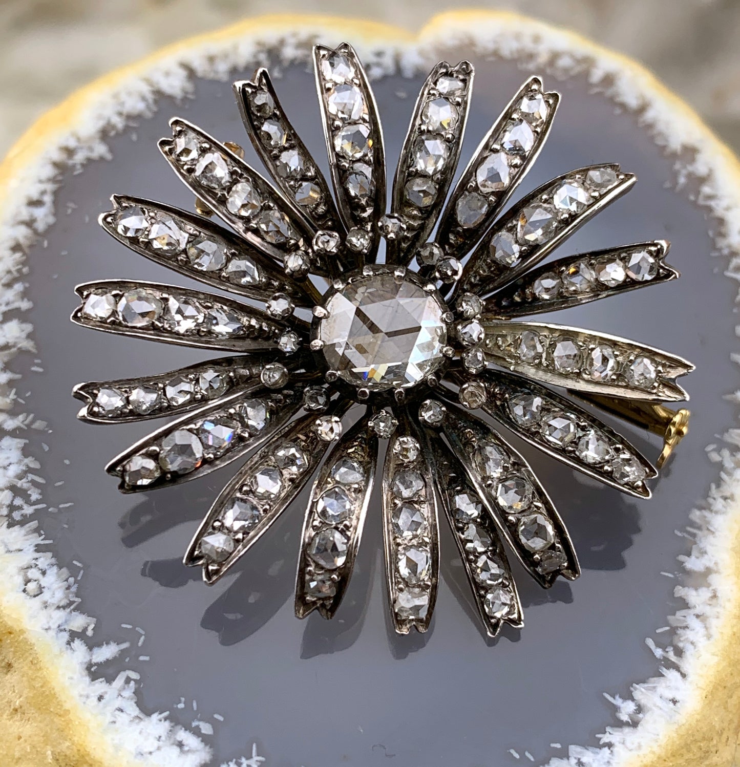 SOLD Antique French 18K, Silver & Diamond Daisy Brooch