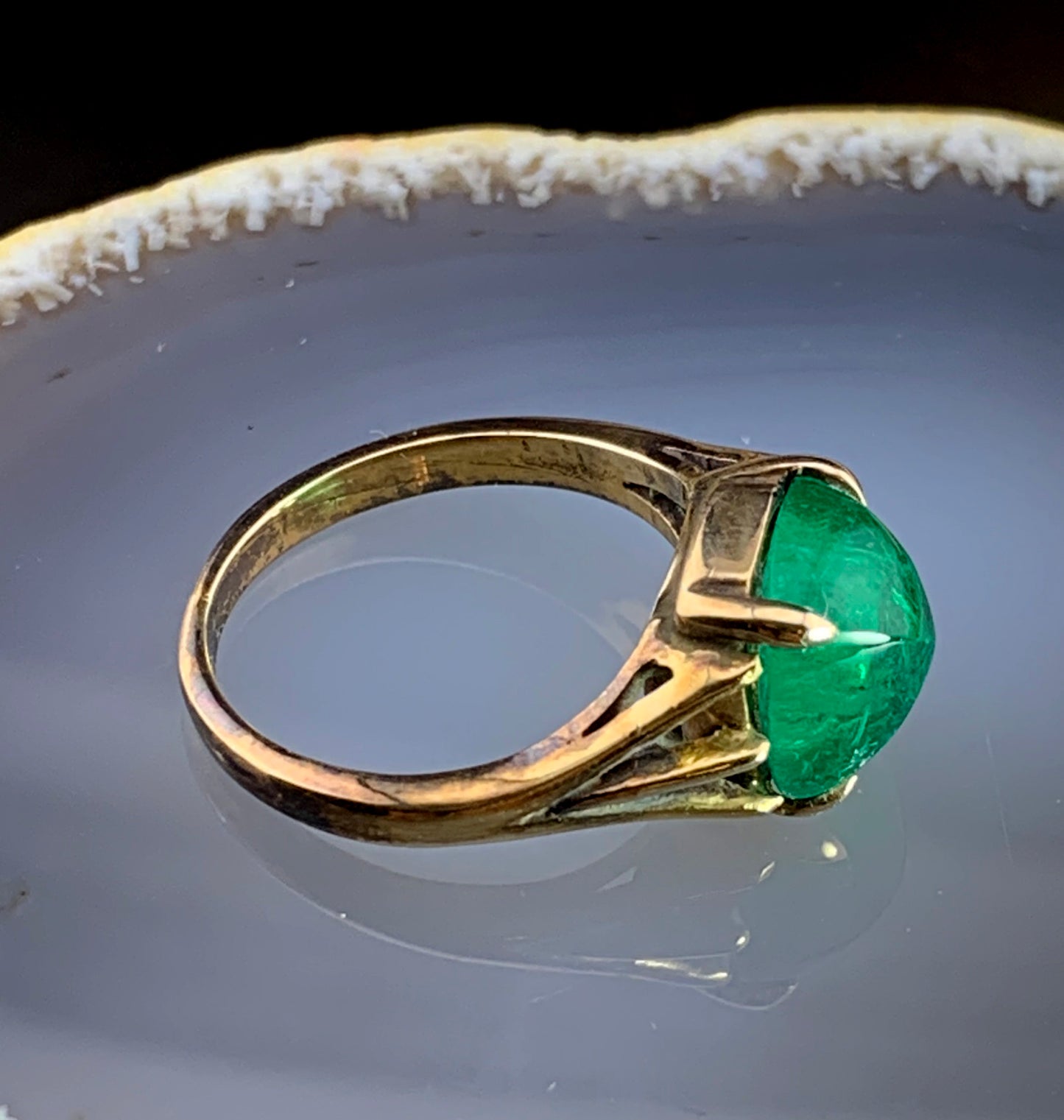 Antique 14K & Sugarloaf Cabochon Emerald Ring