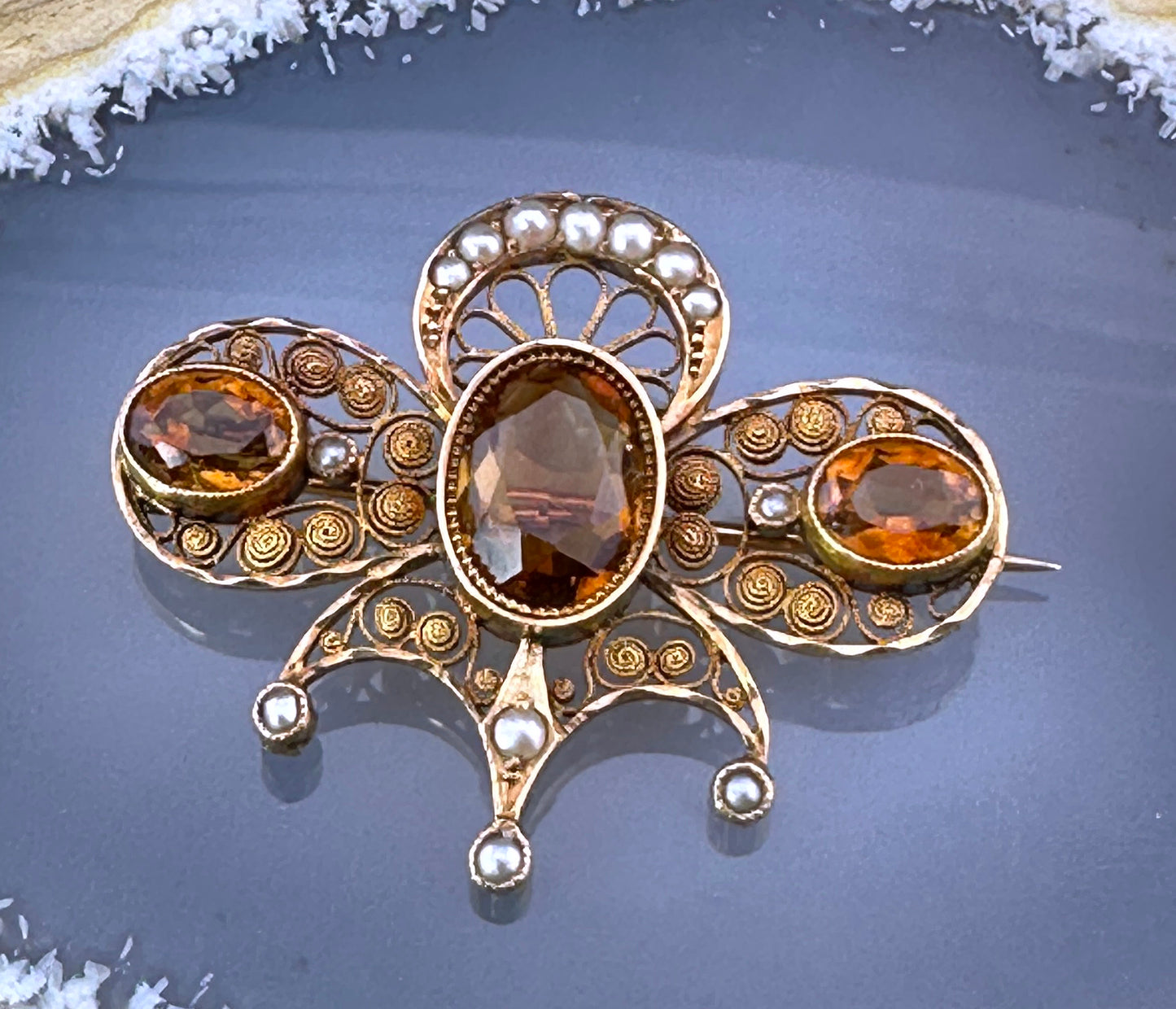 Antique Swiss 18K, Citrine & Seed Pearl Brooch