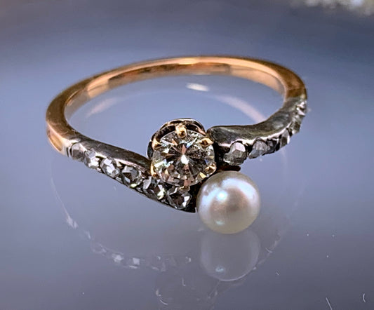 Antique French 18K, Silver, Diamond & Pearl Toi Et Moi Ring