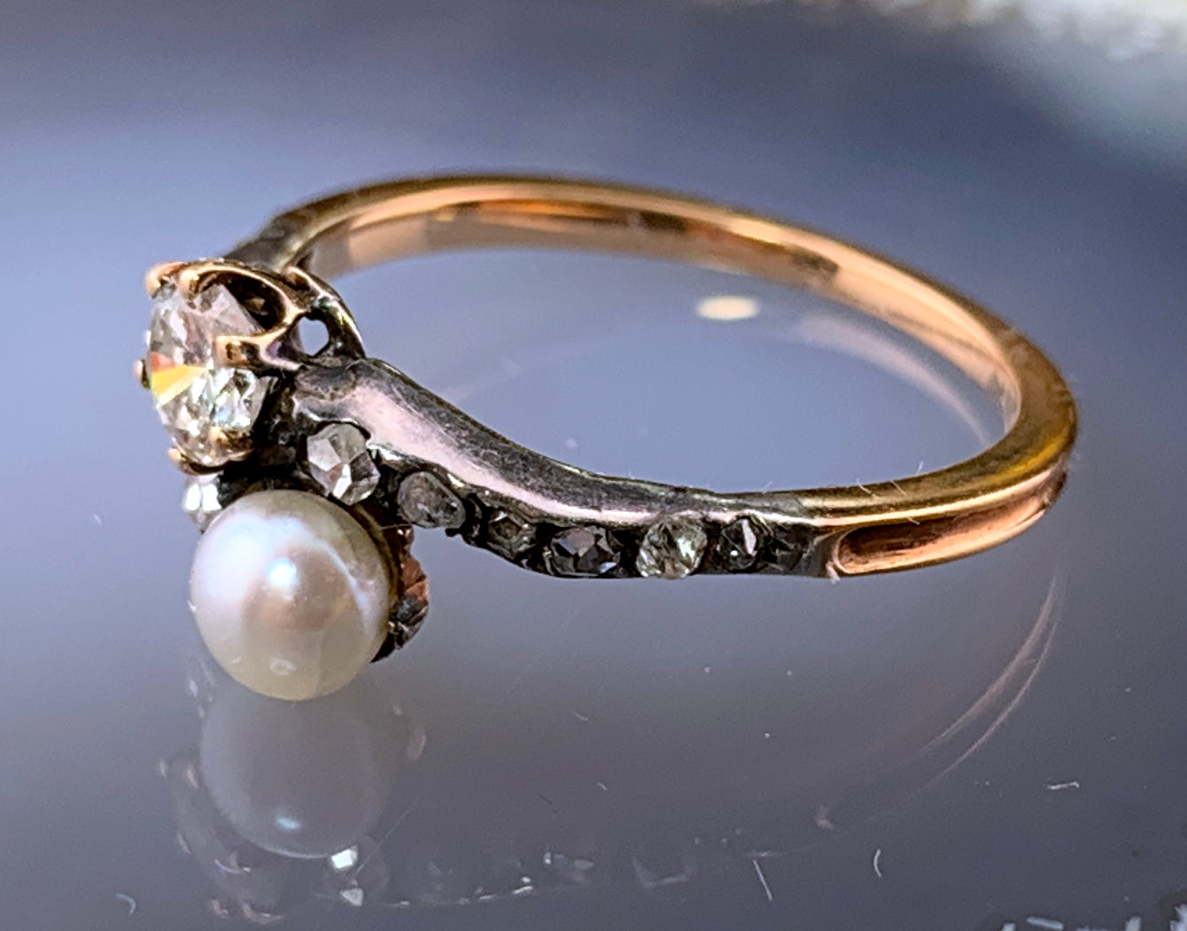 Antique French 18K, Silver, Diamond & Pearl Toi Et Moi Ring