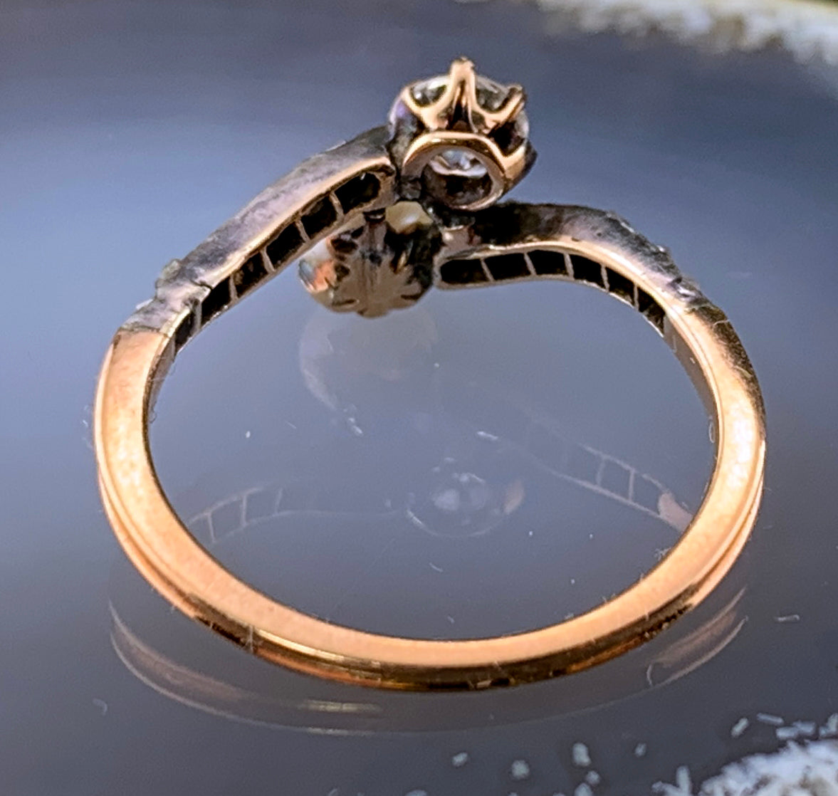Antique French 18K, Silver, Diamond & Pearl Toi Et Moi Ring
