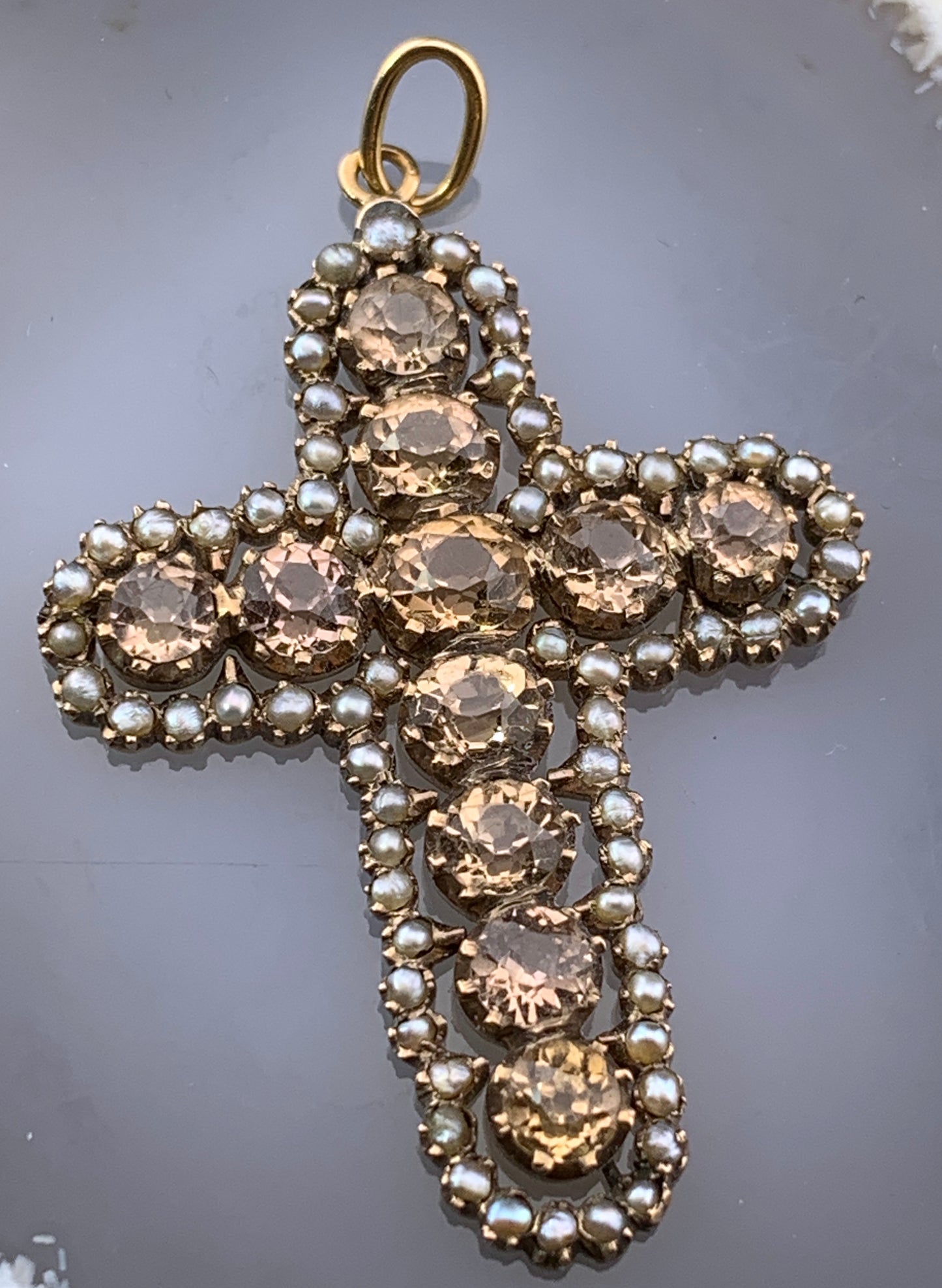 Antique 18K, Imperial Topaz & Seed Pearl Cross Pendant
