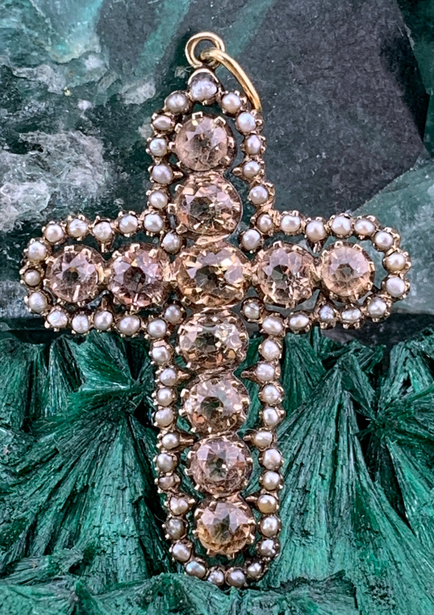 Antique 18K, Imperial Topaz & Seed Pearl Cross Pendant
