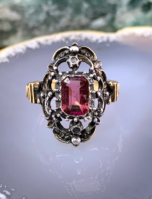 Antique 10K, Silver, Tourmaline & Paste Ring