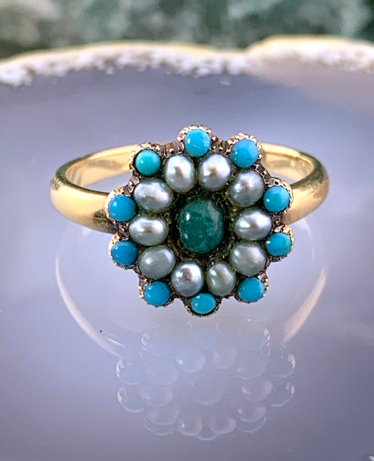 Antique 18K, Persian Turquoise & Seed Pearl Flower Ring